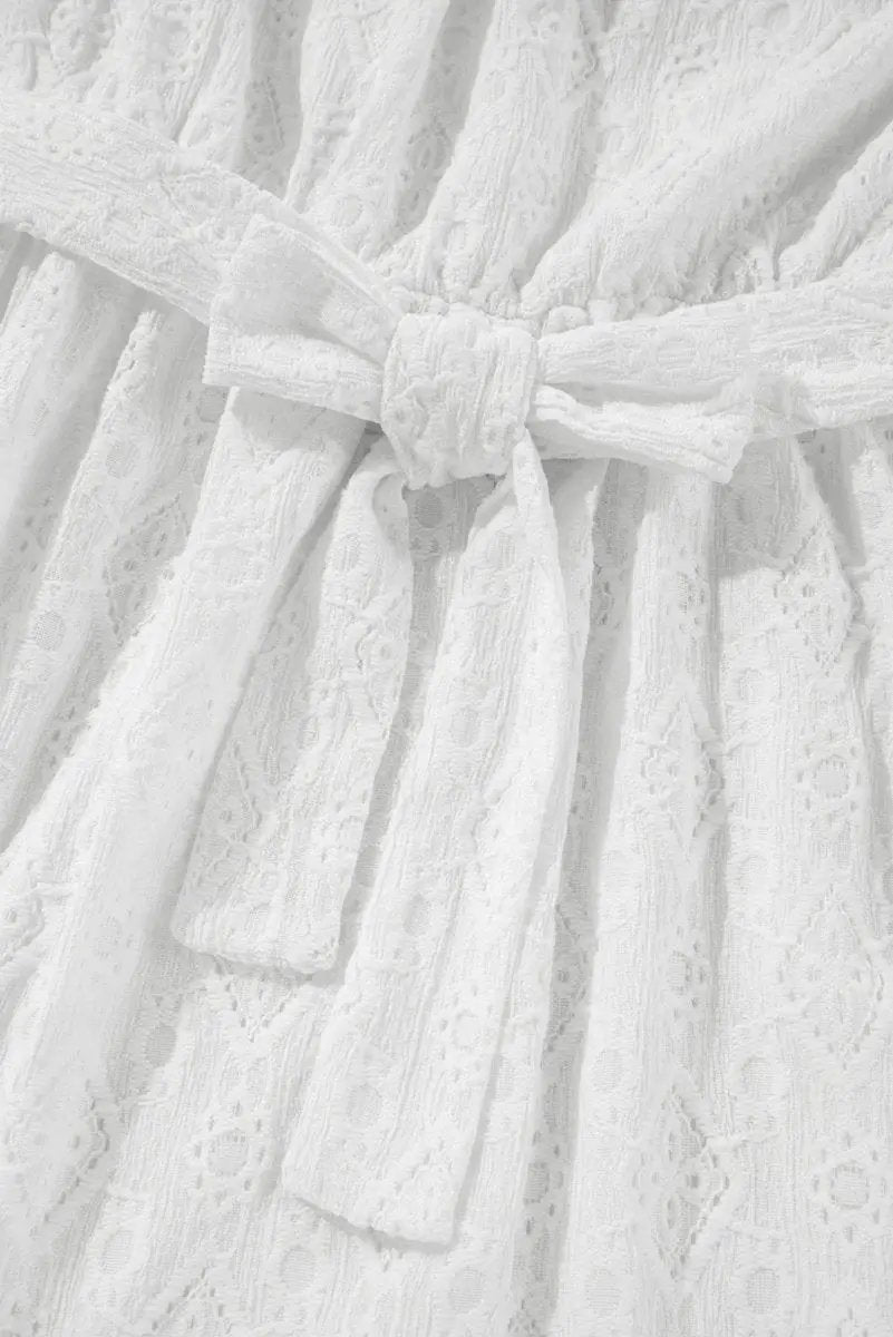 White Lace Sleeveless Knot Hollow Out Back Tied Waist Mini Dress - Love Salve